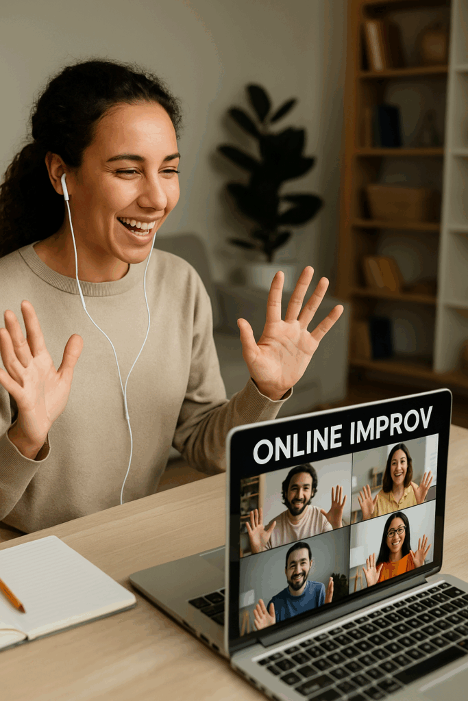 a woman smiling at a laptop screen