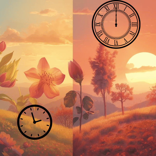 Sunset landscape with flowers and clocks
